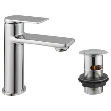Methven Tasman Chrome Mini Basin Mixer Tap with Press Top Waste - Flat Handle and Spout
