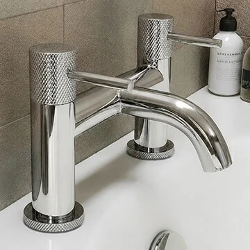 Joseph Miles Fenace Bridge Bath Mixer Tap - Curved Spout - Knurled Stick Handles