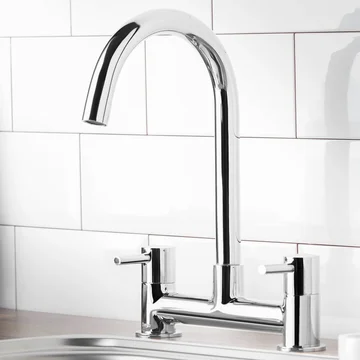 Deva Lostock Chrome Bridge Kitchen Sink Mixer Tap - Swan Neck Spout - Stick Handles