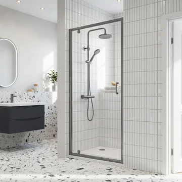 Nuie Rene Pivot Shower Door with T-Bar Handle - Clear Glass - Aluminium Frame