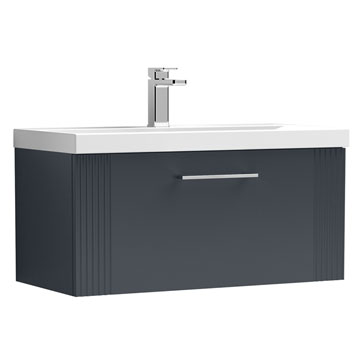 Nuie Deco Wall Hung Semi-Fluted Soft Black Vanity Unit with Handle - Ex-Display - 1 Drawer