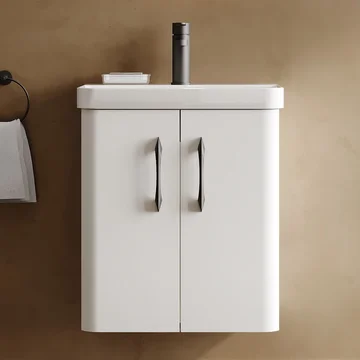 Nuie Core Wall Hung Gloss White Vanity Unit with Thin Edge Basin and Handles - 2 Door