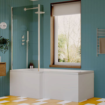 Nuie White L-Shaped Shower Bath With Front Panel and Screen - BAZSS009