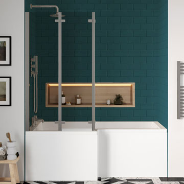 Nuie White L-Shaped Shower Bath With Front Panel and Hinged Screen 1700 x 850mm