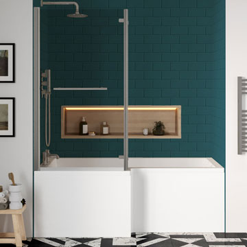 Nuie White L-Shaped Shower Bath Including Panel And Screen with Towel Rail -