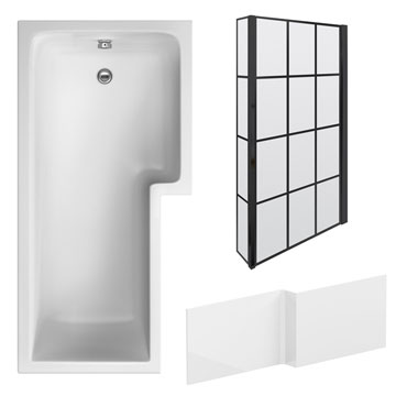 Nuie White L-Shaped Shower Bath With Front Panel And Black Grid Screen -