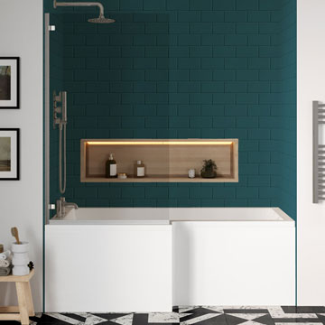 Nuie White L-Shaped Shower Bath With Front Panel and Chrome Screen 1700 x 850mm - Image