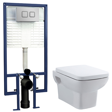 Nuie Square Wall Hung Pan And Soft-Close Seat - Toilet Frame with Concealed Cistern