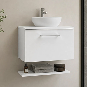 Nuie Arno Wall Hung Minimalist Vanity Unit with Worktop and Shelf - 1 Drawer -