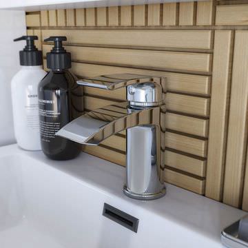 Joseph Miles Kimberley Waterfall Basin Mixer Tap with Sprung Waste - Curved Handle - Deck Mounted