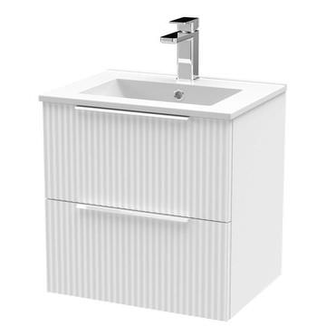Hudson Reed Fluted Wall Hung Satin White Vanity Unit with Basin and Handles - Two Drawer