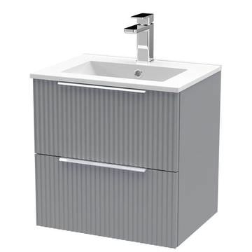 Hudson Reed Fluted Wall Hung Satin Grey Vanity Unit with Basin and Handles - Two Drawer
