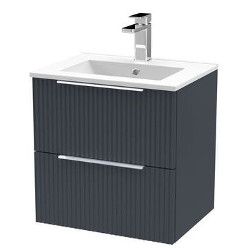 Hudson Reed Fluted Wall Hung Soft Black Vanity Unit with Basin and Handles - Two Drawer