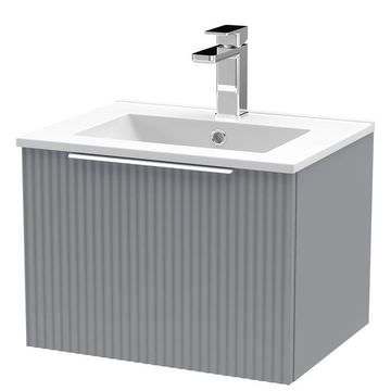 Hudson Reed Fluted Wall Hung Satin Grey Vanity Unit with Basin and Handle - One Drawer