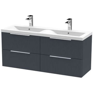 Hudson Reed Fluted Wall Hung Double Basin Soft Black Vanity Unit - 1205 x 540mm