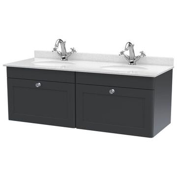 Nuie Classique Wall Hung Soft Black Double Basin Vanity Unit with Marbletop Sinks