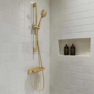Britton Hoxton Exposed Brushed Brass Thermostatic Shower Mixer Valve with Slide Rail and Handset