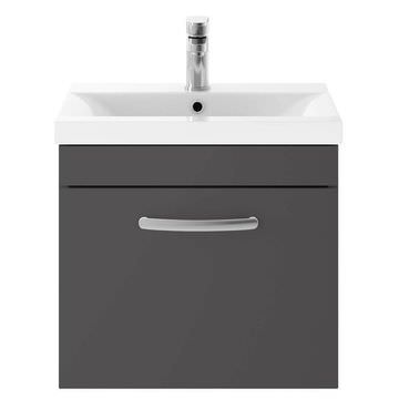 Nuie Athena Wall Mounted Gloss Grey Vanity Unit with Basin and Handle - Single Drawer