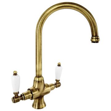 Deva Georgian Dual-Flow Traditional Kitchen Sink Mixer Tap - White Ceramic Handles Bronze