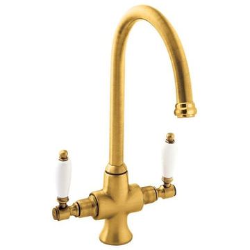 Deva Georgian Dual-Flow Traditional Kitchen Sink Mixer Tap - White Ceramic Handles Gold