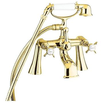 Deva Coronation Traditional Bridge Bath Mixer Tap - Shower Handset - Crosshead Handles Gold