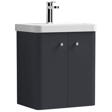 Nuie Core Wall Hung Soft Black Vanity Unit with Basin and Knob Handles - 2 Doors