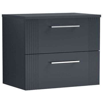 Nuie Deco Semi-Fluted Wall Hung Soft Black Countertop Vanity Unit with Worktop - 2 Drawers