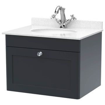 Nuie Classique Wall Hung Soft Black Vanity Unit with Handle and Marble Top Basin