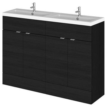 Hudson Reed Fusion His and Her Floorstanding Black Woodgrain Vanity Unit with Twin Basins