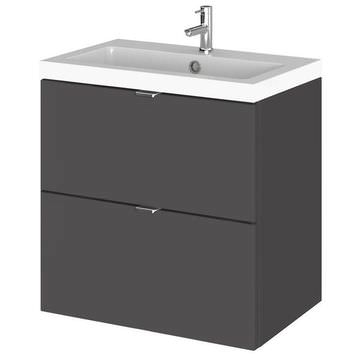 Hudson Reed Fusion Wall Hung Gloss Grey Vanity Unit with Basin and Handles - 2 Drawer