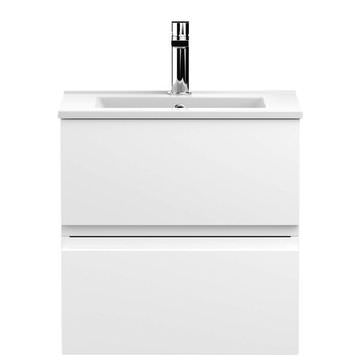 Hudson Reed Urban Wall Hung Satin White Vanity Unit with Basin - Handle-Less - Two Drawer