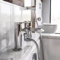 Joseph Miles Belini Bridge Bath Shower Mixer Tap with Curved Waterfall Spout - Flat Handles - Deck Mounted small Image 4